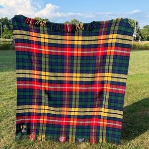 Vtg All Wool England Made Scottish Glen Check Plaid Fringe Throw Blanket 56 X 60